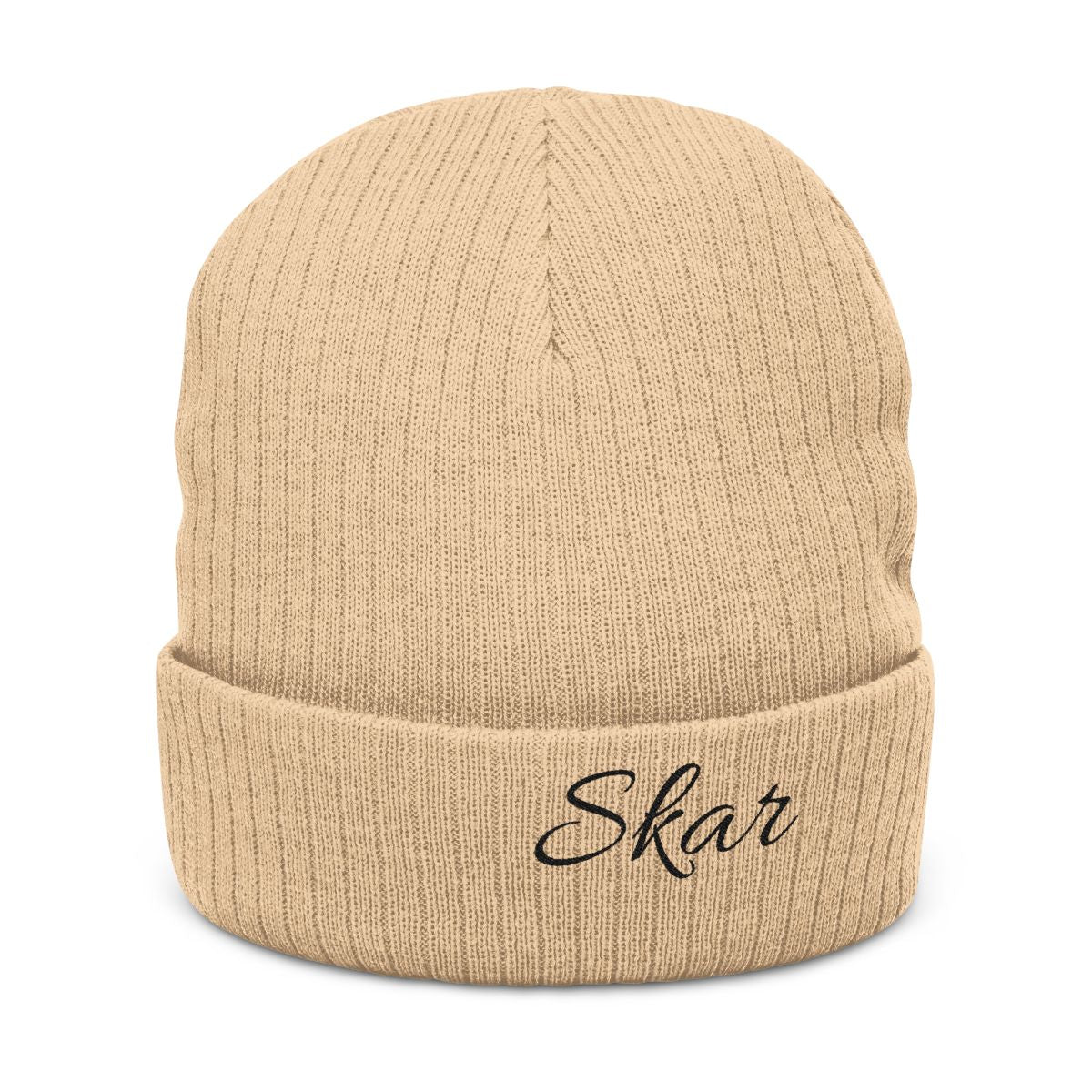 Embroidered Skar Ribbed Knit Beanie — Cuffed Winter Hat