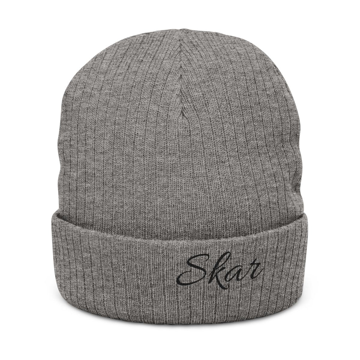 Embroidered Skar Ribbed Knit Beanie — Cuffed Winter Hat