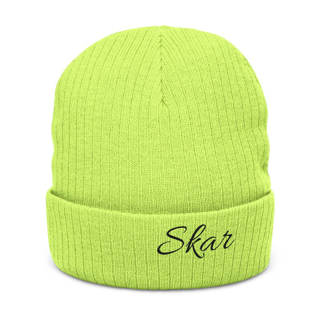 Embroidered Skar Ribbed Knit Beanie — Cuffed Winter Hat