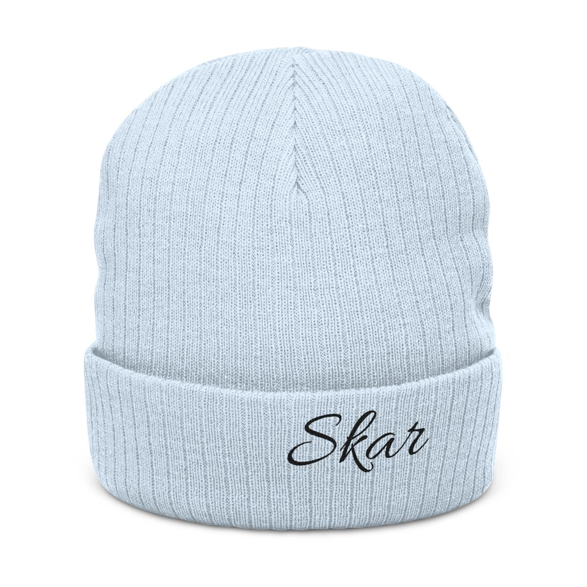 Embroidered Skar Ribbed Knit Beanie — Cuffed Winter Hat